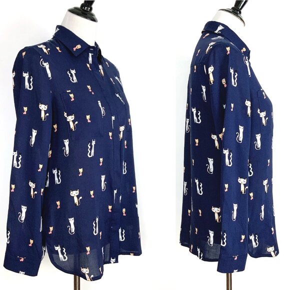 Whimsical Cat Print Navy Button Down Rayon/Viscose Shirt Blouse Sz M - Picture 5 of 16